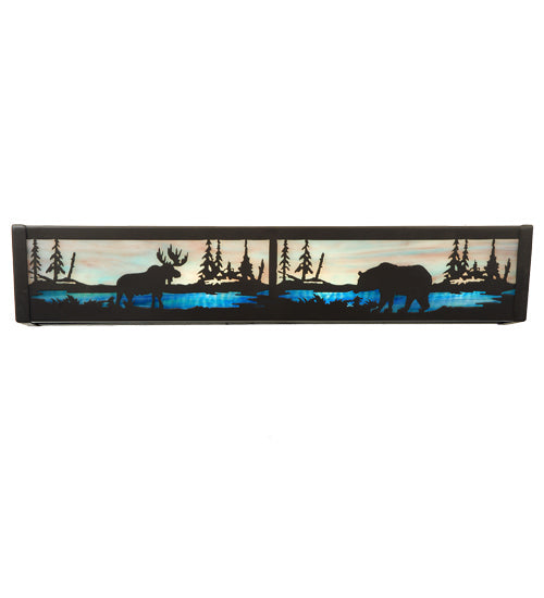 Meyda Lighting Moose & Black Bear 24" 4-Light Timeless Bronze Vanity Light With Sky Blue & Blue Green Ripple Shade Glass