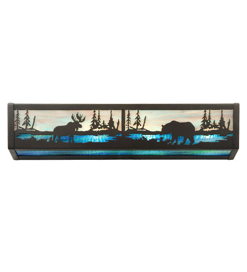 Meyda Lighting Moose & Black Bear 24" 4-Light Timeless Bronze Vanity Light With Sky Blue & Blue Green Ripple Shade Glass