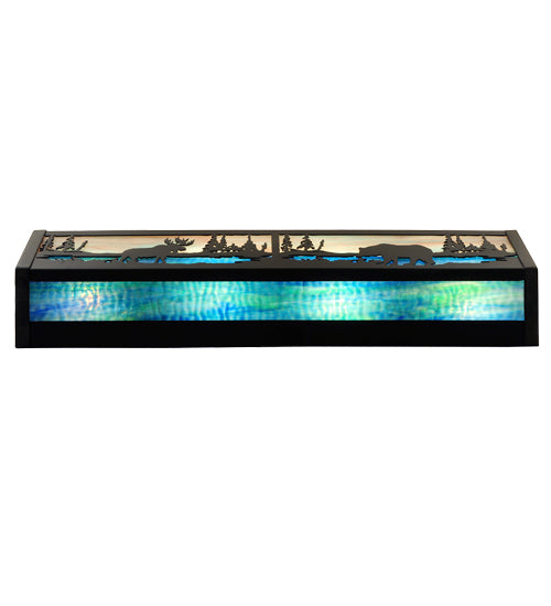 Meyda Lighting Moose & Black Bear 24" 4-Light Timeless Bronze Vanity Light With Sky Blue & Blue Green Ripple Shade Glass