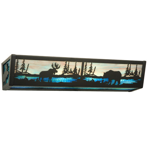 Meyda Lighting Moose & Black Bear 24" 4-Light Timeless Bronze Vanity Light With Sky Blue & Blue Green Ripple Shade Glass