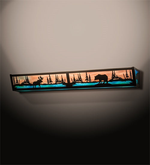 Meyda Lighting Moose & Black Bear 36" 6-Light Timeless Bronze Vanity Light With Purple & Bluegreen Shade Glass