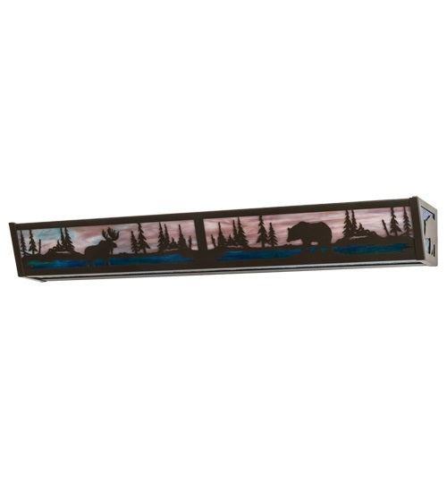Meyda Lighting Moose & Black Bear 36" 6-Light Timeless Bronze Vanity Light With Purple & Bluegreen Shade Glass