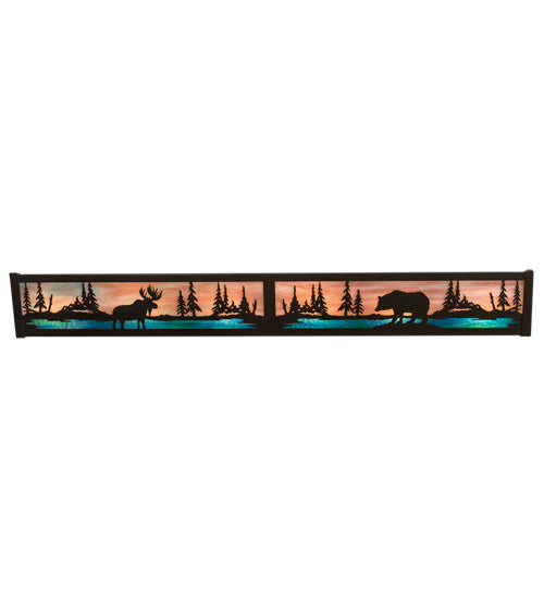Meyda Lighting Moose & Black Bear 36" 6-Light Timeless Bronze Vanity Light With Purple & Bluegreen Shade Glass