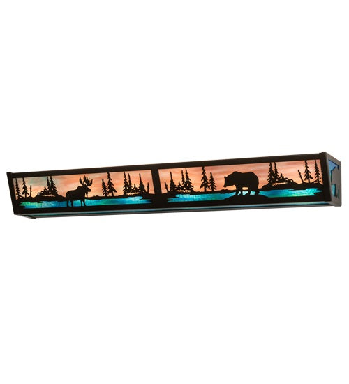 Meyda Lighting Moose & Black Bear 36" 6-Light Timeless Bronze Vanity Light With Purple & Bluegreen Shade Glass