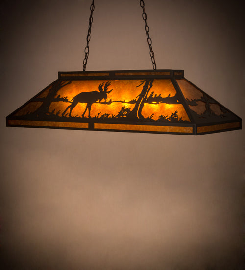 Meyda Lighting Moose & Black Bear 48" 9-Light Wrought Iron Island Pendant Light With Amber Mica Shade Glass