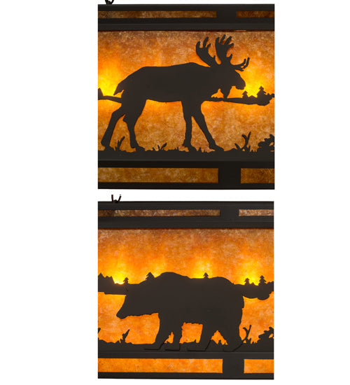 Meyda Lighting Moose & Black Bear 48" 9-Light Wrought Iron Island Pendant Light With Amber Mica Shade Glass