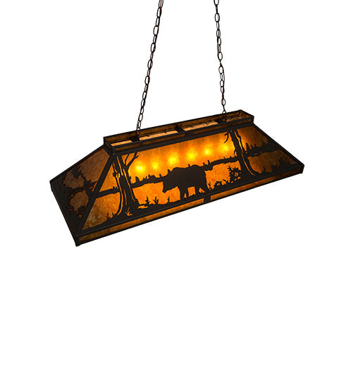 Meyda Lighting Moose & Black Bear 48" 9-Light Wrought Iron Island Pendant Light With Amber Mica Shade Glass