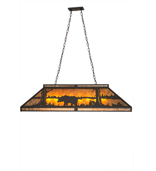 Meyda Lighting Moose & Black Bear 48" 9-Light Wrought Iron Island Pendant Light With Amber Mica Shade Glass