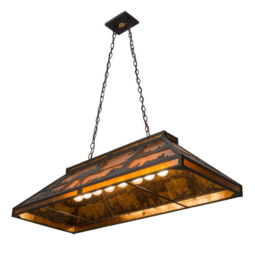Meyda Lighting Moose & Black Bear 48" 9-Light Wrought Iron Island Pendant Light With Amber Mica Shade Glass