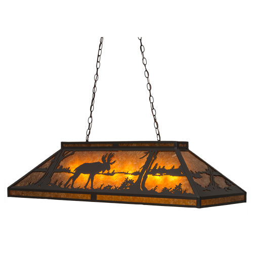 Meyda Lighting Moose & Black Bear 48" 9-Light Wrought Iron Island Pendant Light With Amber Mica Shade Glass
