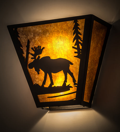 Meyda Lighting Moose Creek 13" 2-Light Textured Black Wall Sconce With Amber Mica Shade Glass