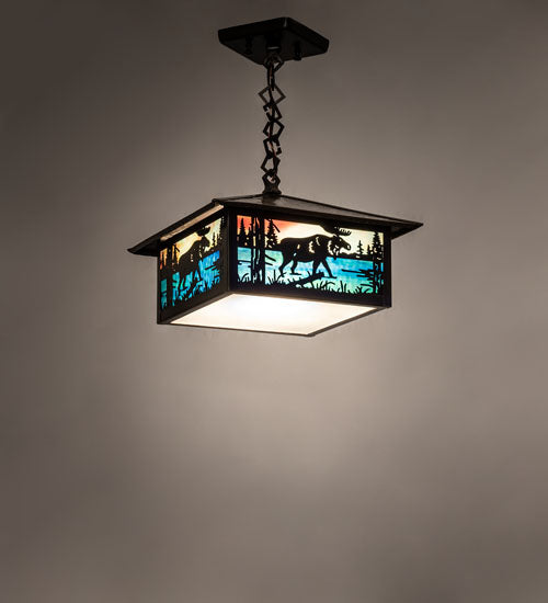 Meyda Lighting Moose Creek 16" Craftsman Brown On Brass Pendant Light With Multi-Colored Shade Glass