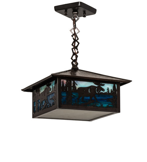 Meyda Lighting Moose Creek 16" Craftsman Brown On Brass Pendant Light With Multi-Colored Shade Glass