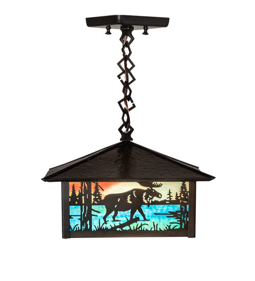 Meyda Lighting Moose Creek 16" Craftsman Brown On Brass Pendant Light With Multi-Colored Shade Glass