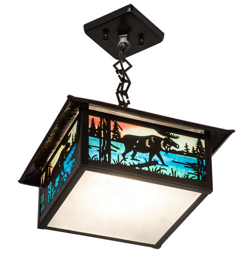 Meyda Lighting Moose Creek 16" Craftsman Brown On Brass Pendant Light With Multi-Colored Shade Glass