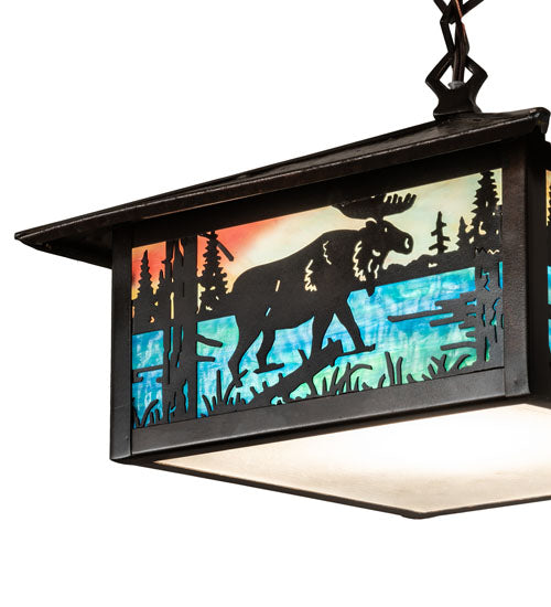 Meyda Lighting Moose Creek 16" Craftsman Brown On Brass Pendant Light With Multi-Colored Shade Glass