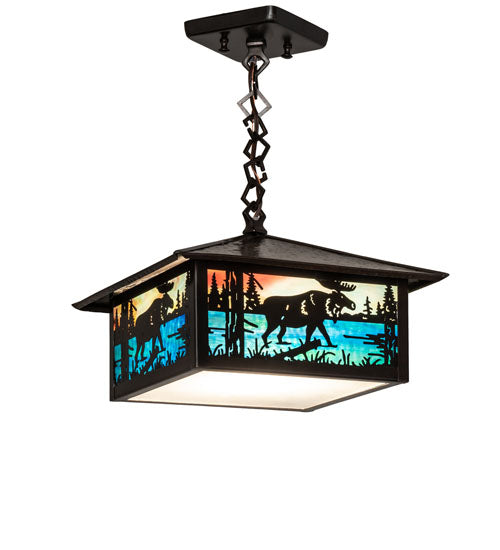 Meyda Lighting Moose Creek 16" Craftsman Brown On Brass Pendant Light With Multi-Colored Shade Glass