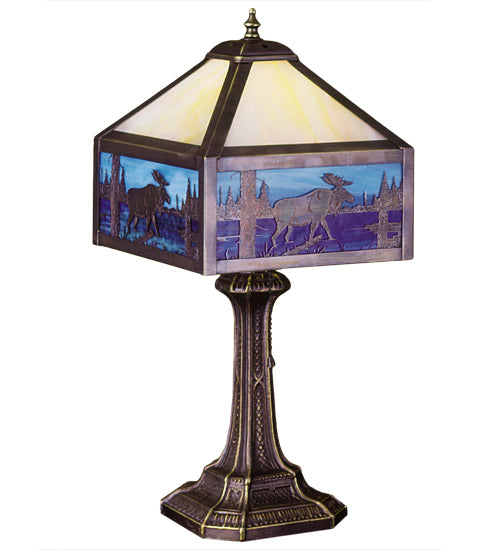 Meyda Lighting Moose Creek 22" Craftsman Brown Table Lamp With Multi-Colored Shade Glass