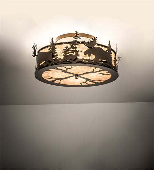 Meyda Lighting Moose & Fox 24" 4-Light Brown Bronze Flush Mount Light With Silver Mica Shade Glass