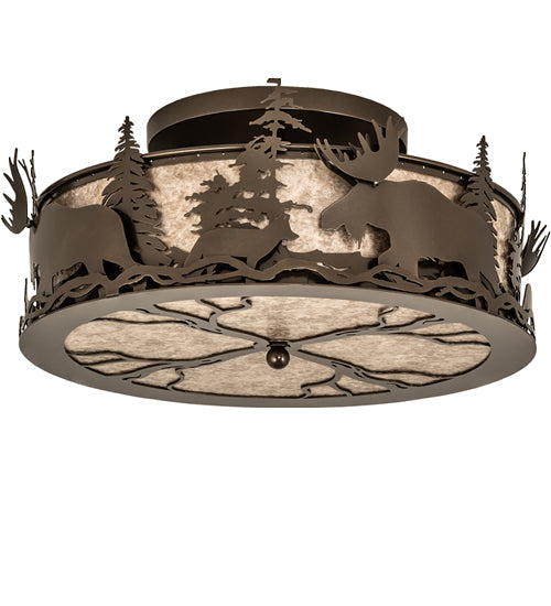 Meyda Lighting Moose & Fox 24" 4-Light Brown Bronze Flush Mount Light With Silver Mica Shade Glass