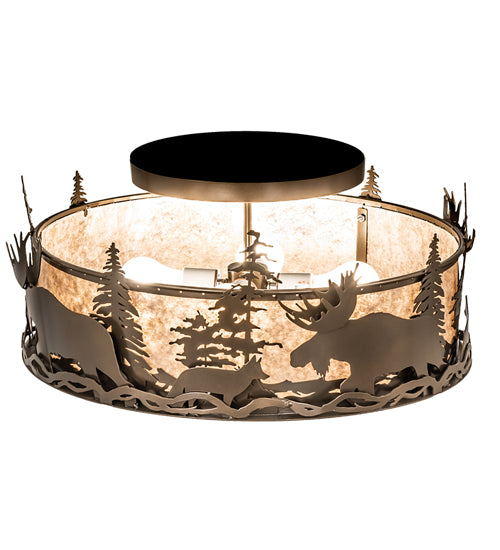 Meyda Lighting Moose & Fox 24" 4-Light Brown Bronze Flush Mount Light With Silver Mica Shade Glass