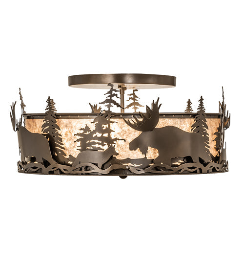 Meyda Lighting Moose & Fox 24" 4-Light Brown Bronze Flush Mount Light With Silver Mica Shade Glass