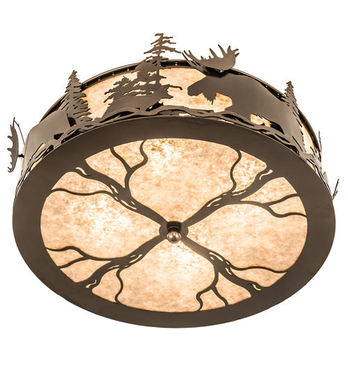 Meyda Lighting Moose & Fox 24" 4-Light Brown Bronze Flush Mount Light With Silver Mica Shade Glass