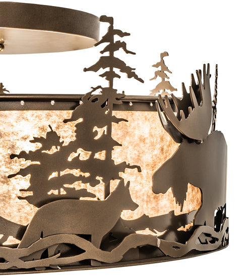 Meyda Lighting Moose & Fox 24" 4-Light Brown Bronze Flush Mount Light With Silver Mica Shade Glass