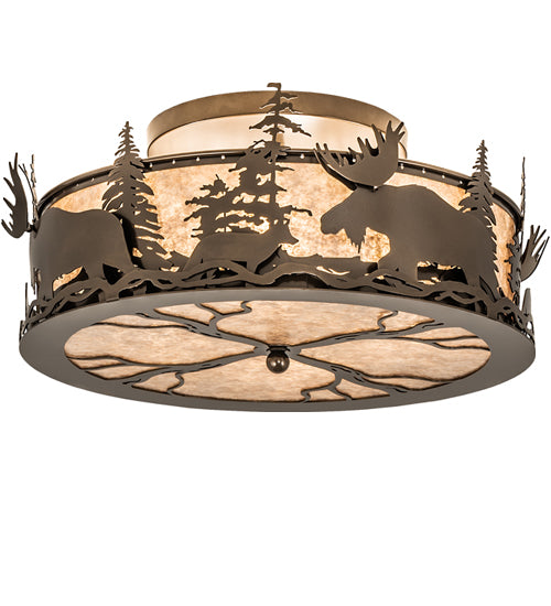 Meyda Lighting Moose & Fox 24" 4-Light Brown Bronze Flush Mount Light With Silver Mica Shade Glass