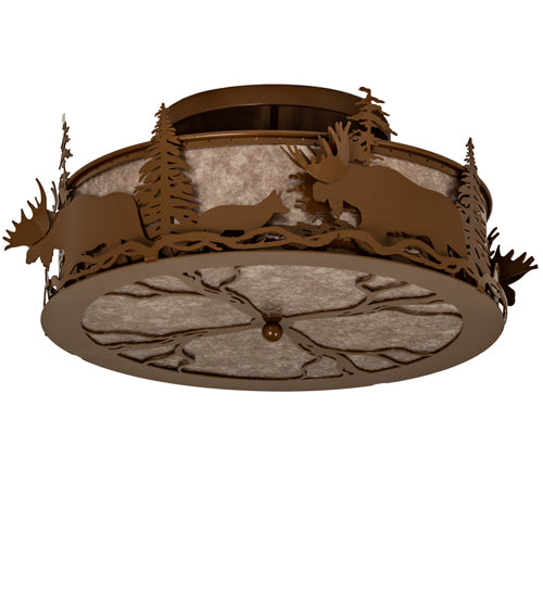 Meyda Lighting Moose & Fox 24" 4-Light Fawn Brown Flush Mount Light With Silver Mica Shade Glass