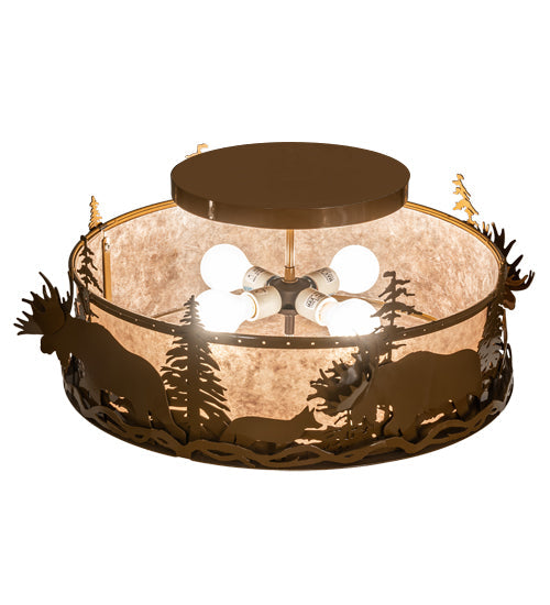 Meyda Lighting Moose & Fox 24" 4-Light Fawn Brown Flush Mount Light With Silver Mica Shade Glass