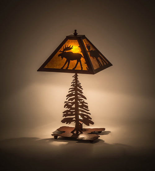 Meyda Lighting Moose Tall Pines 22" 2-Light Rust Table Lamp With Amber Mica Shade Glass