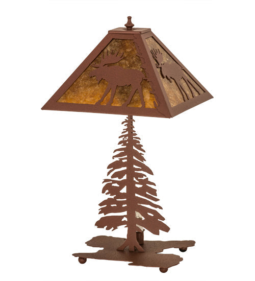 Meyda Lighting Moose Tall Pines 22" 2-Light Rust Table Lamp With Amber Mica Shade Glass