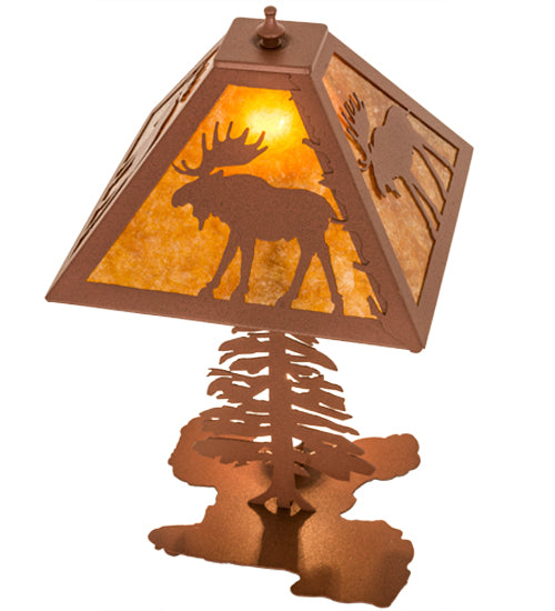 Meyda Lighting Moose Tall Pines 22" 2-Light Rust Table Lamp With Amber Mica Shade Glass
