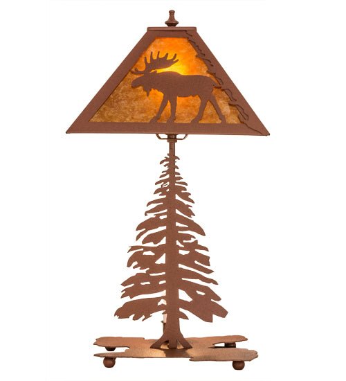 Meyda Lighting Moose Tall Pines 22" 2-Light Rust Table Lamp With Amber Mica Shade Glass