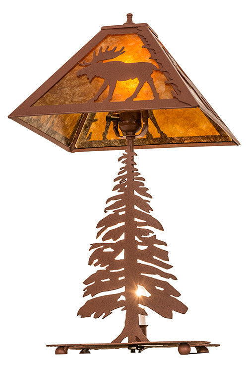 Meyda Lighting Moose Tall Pines 22" 2-Light Rust Table Lamp With Amber Mica Shade Glass