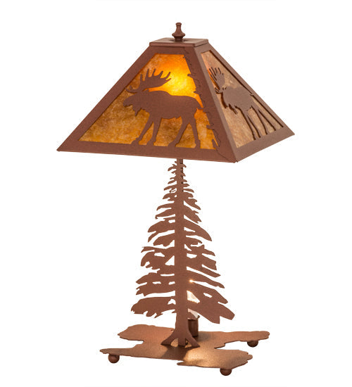 Meyda Lighting Moose Tall Pines 22" 2-Light Rust Table Lamp With Amber Mica Shade Glass