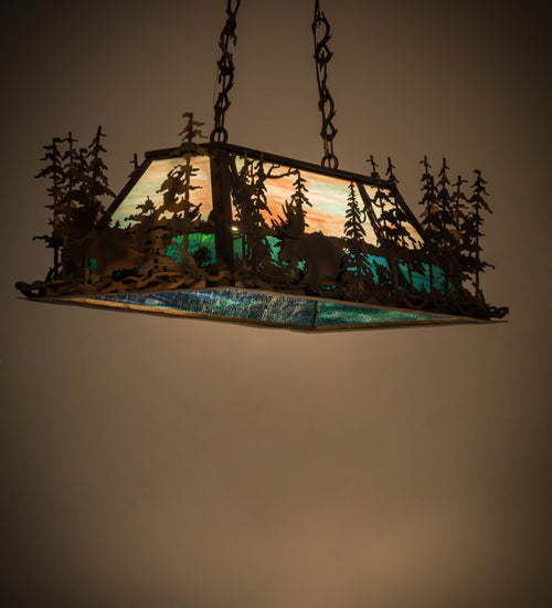 Meyda Lighting Moose Through The Trees 36" 6-Light Dark Burnished Antique Copper Island Pendant Light With Sky Blue & Blue Green Ripple Shade Glass