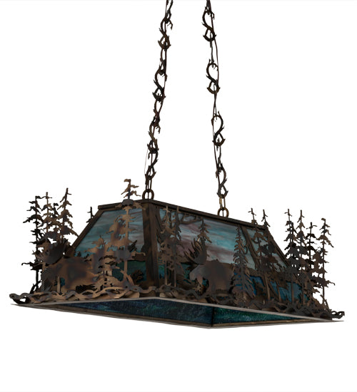 Meyda Lighting Moose Through The Trees 36" 6-Light Dark Burnished Antique Copper Island Pendant Light With Sky Blue & Blue Green Ripple Shade Glass