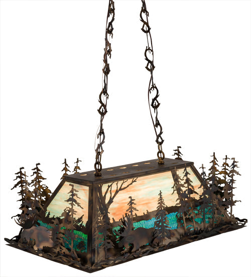 Meyda Lighting Moose Through The Trees 36" 6-Light Dark Burnished Antique Copper Island Pendant Light With Sky Blue & Blue Green Ripple Shade Glass