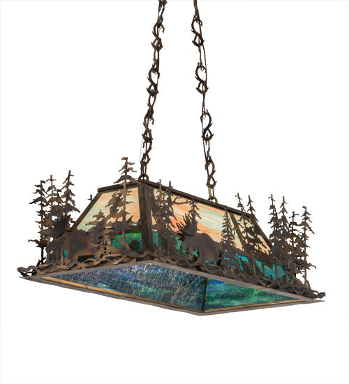 Meyda Lighting Moose Through The Trees 36" 6-Light Dark Burnished Antique Copper Island Pendant Light With Sky Blue & Blue Green Ripple Shade Glass