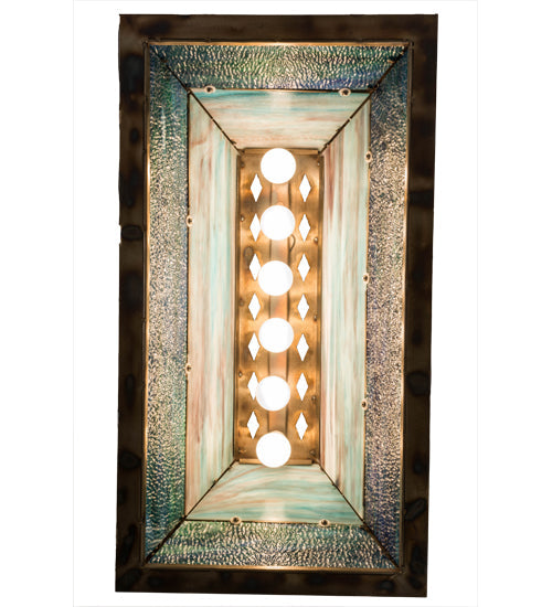 Meyda Lighting Moose Through The Trees 36" 6-Light Dark Burnished Antique Copper Island Pendant Light With Sky Blue & Blue Green Ripple Shade Glass
