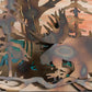 Meyda Lighting Moose Through The Trees 36" 6-Light Dark Burnished Antique Copper Island Pendant Light With Sky Blue & Blue Green Ripple Shade Glass