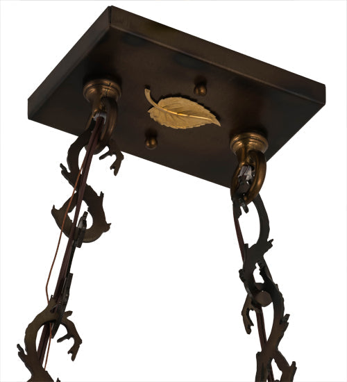 Meyda Lighting Moose Through The Trees 36" 6-Light Dark Burnished Antique Copper Island Pendant Light With Sky Blue & Blue Green Ripple Shade Glass