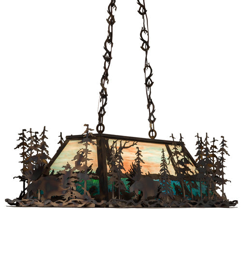 Meyda Lighting Moose Through The Trees 36" 6-Light Dark Burnished Antique Copper Island Pendant Light With Sky Blue & Blue Green Ripple Shade Glass