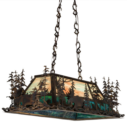 Meyda Lighting Moose Through The Trees 36" 6-Light Dark Burnished Antique Copper Island Pendant Light With Sky Blue & Blue Green Ripple Shade Glass