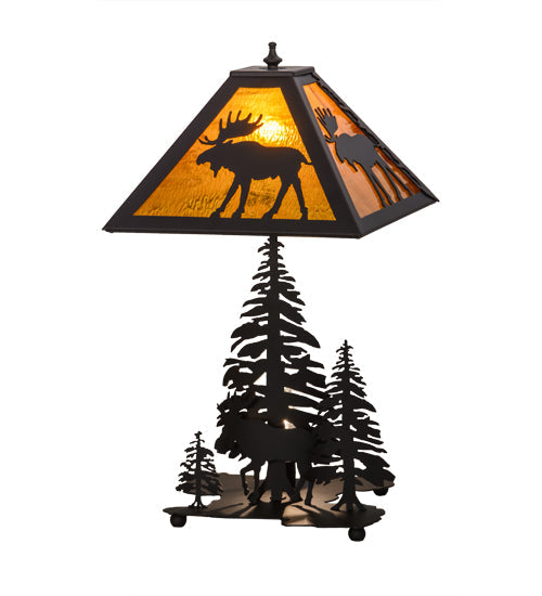 Meyda Lighting Moose Through the Trees 21" 2-Light Oil Rubbed Bronze Table Lamp With Honey Amber Art Shade Glass and Lighted Base