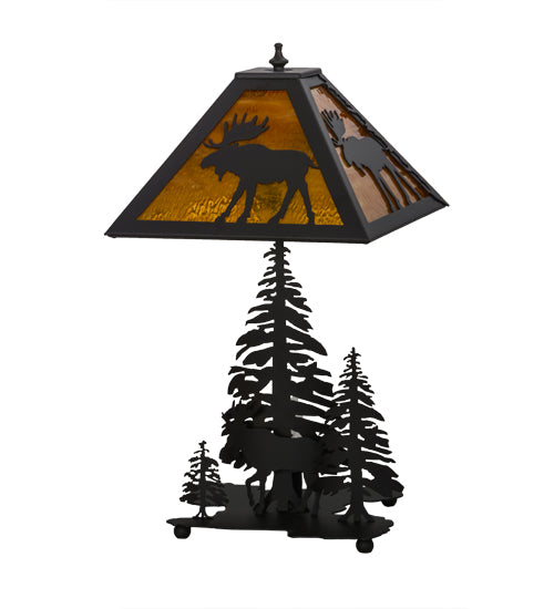 Meyda Lighting Moose Through the Trees 21" 2-Light Oil Rubbed Bronze Table Lamp With Honey Amber Art Shade Glass and Lighted Base