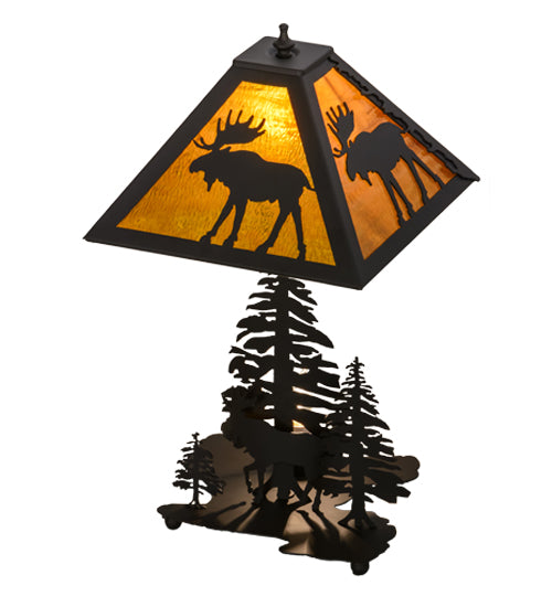 Meyda Lighting Moose Through the Trees 21" 2-Light Oil Rubbed Bronze Table Lamp With Honey Amber Art Shade Glass and Lighted Base