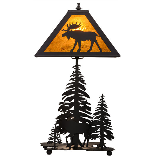 Meyda Lighting Moose Through the Trees 21" 2-Light Oil Rubbed Bronze Table Lamp With Honey Amber Art Shade Glass and Lighted Base